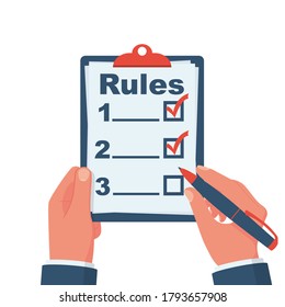Rules concept. Businessman holding in hand clipboard with regulations. Checklist with requirements. Rule list on blank. Vector illustration flat design. Isolated on white background.