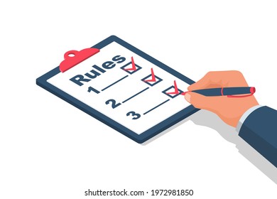 Rules Concept. Businessman Holding In Hand Clipboard With Regulations. Checklist With Requirements. Rule List On Blank. Vector Illustration Isometric Design. Isolated On White Background.