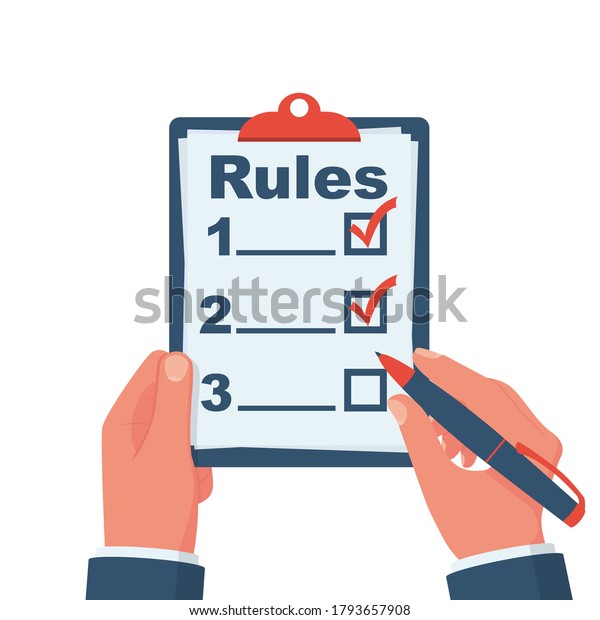 Rules concept. Businessman holding in hand\
clipboard with regulations. Checklist with requirements. Rule list\
on blank. Vector illustration flat design. Isolated on white\
background.