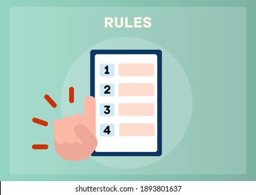 Rules concept. Checklist with requirements. Rule list on blank. Vector illustration flat design. 