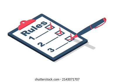 Rules Concept. Clipboard With Regulations. Checklist With Requirements. Rule List On Blank. Vector Illustration Isometric Design. Isolated On White Background.