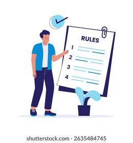 Rules Concept Illustration with Man Pointing at Numbered Checklist Document. Illustrations for websites, landing pages, mobile apps, posters and banners