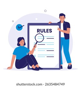 Rules Concept Illustration with People Reading and Analyzing Guidelines Document. Illustrations for websites, landing pages, mobile apps, posters and banners