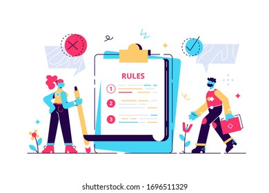 Rules concept. Regulations checklist persons. Restricted graphic writing with law information. Society control guidelines and strategy for company order and restrictions. Flat tiny vector illustration