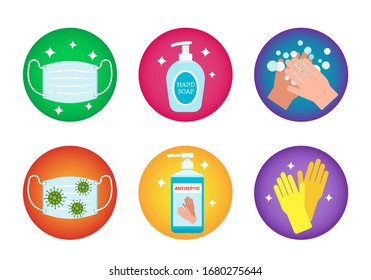 Rules of conduct for the global coronavirus pandemic. use a medical mask, wash hands, treat with an antiseptic. Hygiene with covid -19. vector illustration isolated on white background