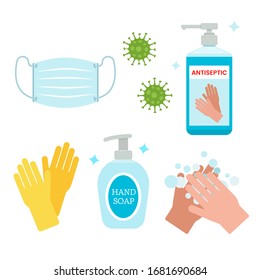 Rules of conduct for the global coronavirus pandemic. use a medical mask, wash hands, treat with an antiseptic. Hygiene with covid -19. vector illustration isolated on white background