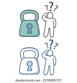 Rules for data protection.Career path opportunities.Profit lock.Unhappy businessman  heavy padlock icon.Doodle little people.Outline vector illustration.