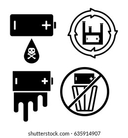 Rules for disposing of batteries, protect nature, set of vector icons, flat design black-and-white