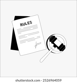 Documento de regras e martelo em ilustração vetorial plana simbolizando regulamentos legais, leis e justiça, isolado no fundo branco