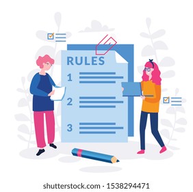 Rules in the document, regulations checklist with office workers, Society control guidelines and strategy vector illustration