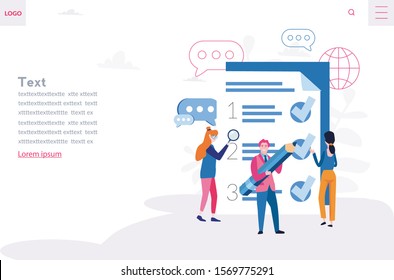 Rules in the document, regulations with office workers, Society control guidelines and strategy vector illustrationю Team fill out  checklist on a clipboard paper