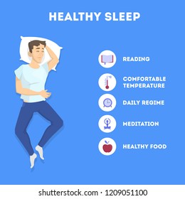 Rules of good healthy sleep at the night. List of advice to get rid of insomnia. Helpful brochure with guideline. Recommendation for good slepping. Flat vector illustration