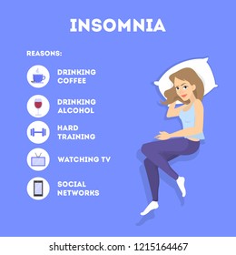 Rules of good healthy sleep at the night. List of reasons of insomnia. Helpful brochure with guideline. Recommendation for good slepping. Flat vector illustration