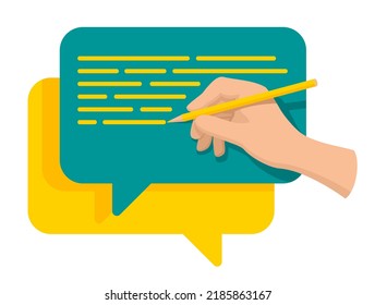 Rules or guidelines of written Communications - hand with pencil and chat or e-mail message box