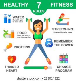 Rules of healthy lifestyle. Fitness. Sport. Vector flat illustrations