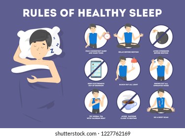 Rules of healthy sleep. Bedtime routine for good sleep at night. Man sleeping on the pillow.Brochure for people with insomnia. Isolated flat vector illustration