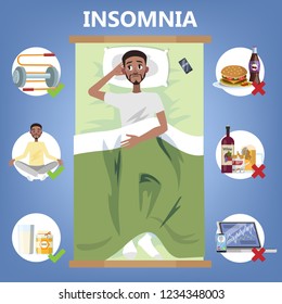 Rules of healthy sleep. Bedtime routine for good sleep at night. Man lying on the pillow. Brochure for people with insomnia. Isolated flat vector illustration