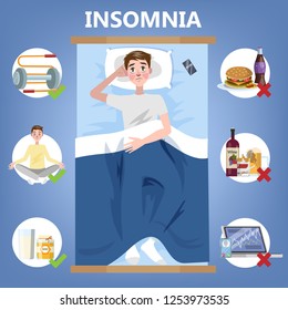Rules of healthy sleep. Bedtime routine for good sleep at night. Man lying on the pillow. Brochure for people with insomnia. Isolated flat vector illustration