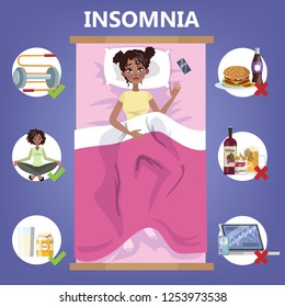 Rules of healthy sleep. Bedtime routine for good sleep at night. Woman lying on the pillow. Brochure for people with insomnia. Isolated flat vector illustration