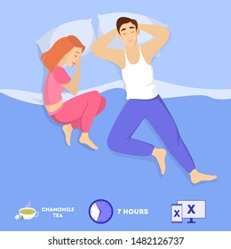 Rules of healthy sleep. Bedtime routine for good sleep at night. Womanand man sleeping on the pillow. Brochure for people with insomnia. Vector illustration in cartoon style