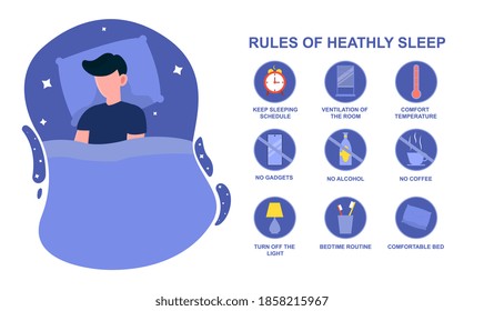 Rules of healthy sleep. Concept of bedtime routine for good and stable sleep at night. Man sleeping in bed. Tips for people with insomnia. Flat cartoon vector illustration