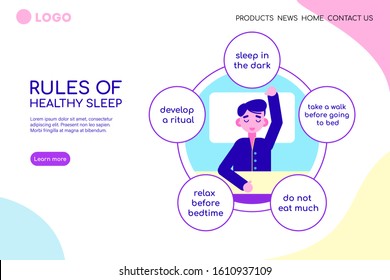 Rules of healthy sleep cycle diagram. Men in bed. Educational infographic scheme. Landing page template vector illustration 
