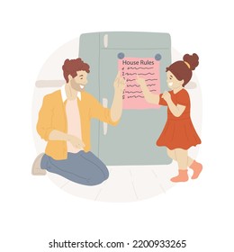 Rules Of Household Isolated Cartoon Vector Illustration. Parent Pointing At The List With House Rules Hanging On The Fridge, Checklist For Children, Household Good Behavior Vector Cartoon.