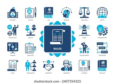 Conjunto de iconos Reglas. Aplicación, Autoridad, Procedimientos, Toma de Decisiones, Legisladores, Acuerdo, Moralidad, Reglamentos. Iconos sólidos de color Duotone