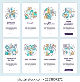 Rules of investing onboarding mobile app screens set. Finance walkthrough 4 steps editable graphic instructions with linear concepts. UI, UX, GUI template. Myriad Pro-Bold, Regular fonts used