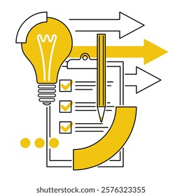 Rules for Life concept - some to-do list with stairs and arrows symbolizing career or personal growth. Isolated vector visual aid, in thin line with yellow background