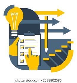 Rules for Life concept - some to-do list with stairs and arrows symbolizing career or personal growth. Isolated vector visual aid, in flat high contrast colors