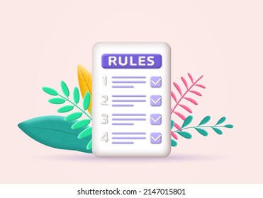 Rules List 3d Icon. Regulation, Company Compliance, Law Checklist With Check Marks. Business Rule, Agreement Concept. Vector Illustration.