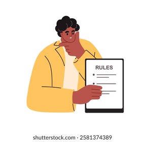 Rules list, and regulations in guideline document. Law code, guidance for business. Studying company policy, standards, instruction, guide. Flat vector illustration isolated on white background