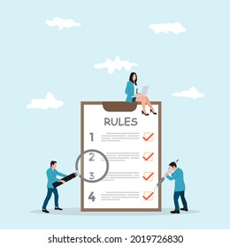 Rules in office concept, vector illustration. Legal law corporate regulation. Businessman compliance and policy management. Agreements and principles of work, rules in office.