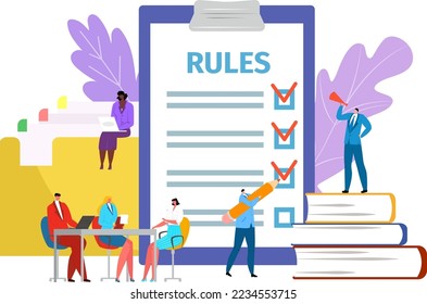 Rules in office rules notes vector illustration. Legal law corporate regulation. Businessman compliance and policy management.