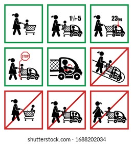 Regeln, wie man ein Kind auf dem Einkaufswagen fährt. Set von Piktogrammen, die die korrekte und falsche Nutzung des Einkaufswagens darstellen.