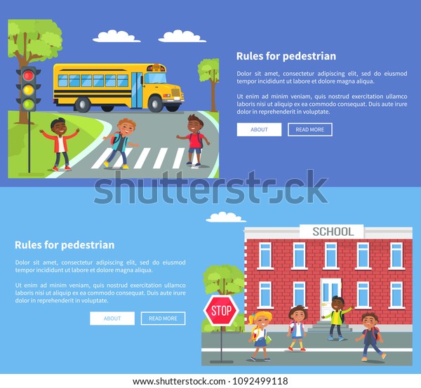 Rules for pedestrian vector web banner in\
graphic design of pupils crossing road near moving yellow bus or\
entering school building