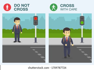 Rules for pedestrians. The meaning of traffic light signals. School kid walking across pedestrian crossing. Road safety rules for school children. Flat vector illustration.