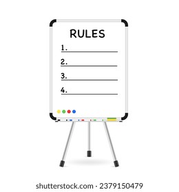 Rules plan on flipchart with three legs isolated on white blank background. White rolled up banner for presentation, corporate training and briefing. Business contract. Vector illustration