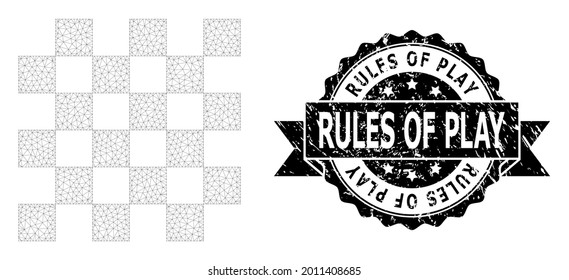 Rules of Play dirty seal print and vector chess board mesh model. Black seal has Rules of Play caption inside ribbon and rosette. Abstract flat mesh chess board, designed with flat mesh.