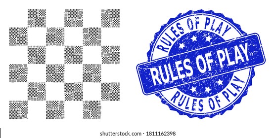 Rules of Play textured round stamp seal and vector fractal collage chess board. Blue seal has Rules of Play tag inside circle shape. Vector collage is designed of random chess board items.