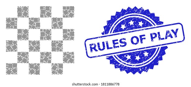 Rules of Play textured stamp seal and vector recursion mosaic chess board. Blue stamp seal contains Rules of Play title inside rosette. Vector mosaic is done with random rotated chess board icons.