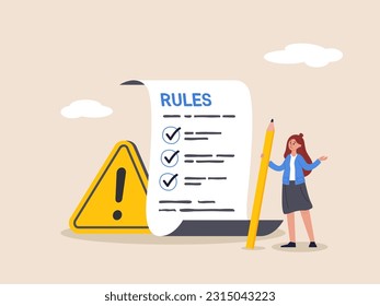 Rules and regulations concept. Policy and guideline for employee to follow, legal term, corporate compliance or laws, standard procedure, businesswoman finish writing rules and regulations document.
