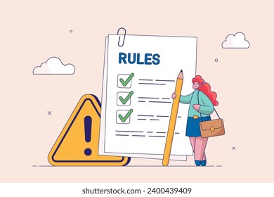 Rules and regulations concept. Policy and guideline for employee to follow, legal term, corporate compliance or laws, standard procedure, businesswoman finish writing rules and regulations document.