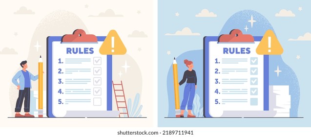 Rules and regulations document for employees. Set of man and woman write list of corporate compliance for office staff or colleagues. Legal Guidance. Cartoon contemporary flat vector collection
