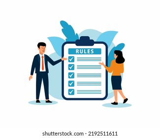 Rules and regulations, policy and guideline for employee to follow, businessman finish writing rules and regulations document, Modern Flat Illustration.