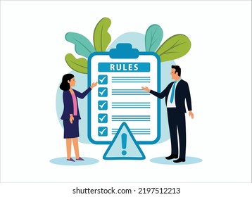 Rules and regulations, policy and guideline for employee to follow, businessman finish writing rules and regulations document, Modern Flat Illustration.