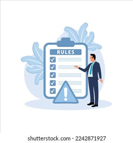 Rules and regulations, policy and guideline for employee to follow, businessman finish writing rules and regulations document, Modern Flat Illustration.