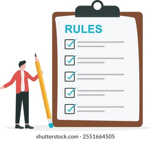 Rules and regulations, policy and guideline for employees to follow, legal terms, corporate compliance or laws, standard procedure concept, businessman finish writing rules and regulations document.

