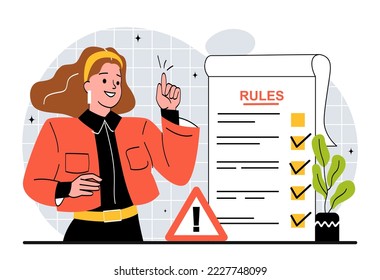 Rules and regulations. Woman sets goals for company employees. Motivation and leadership, organization of effective work process. Hardworking chief or businesswoman. Cartoon flat vector illustration